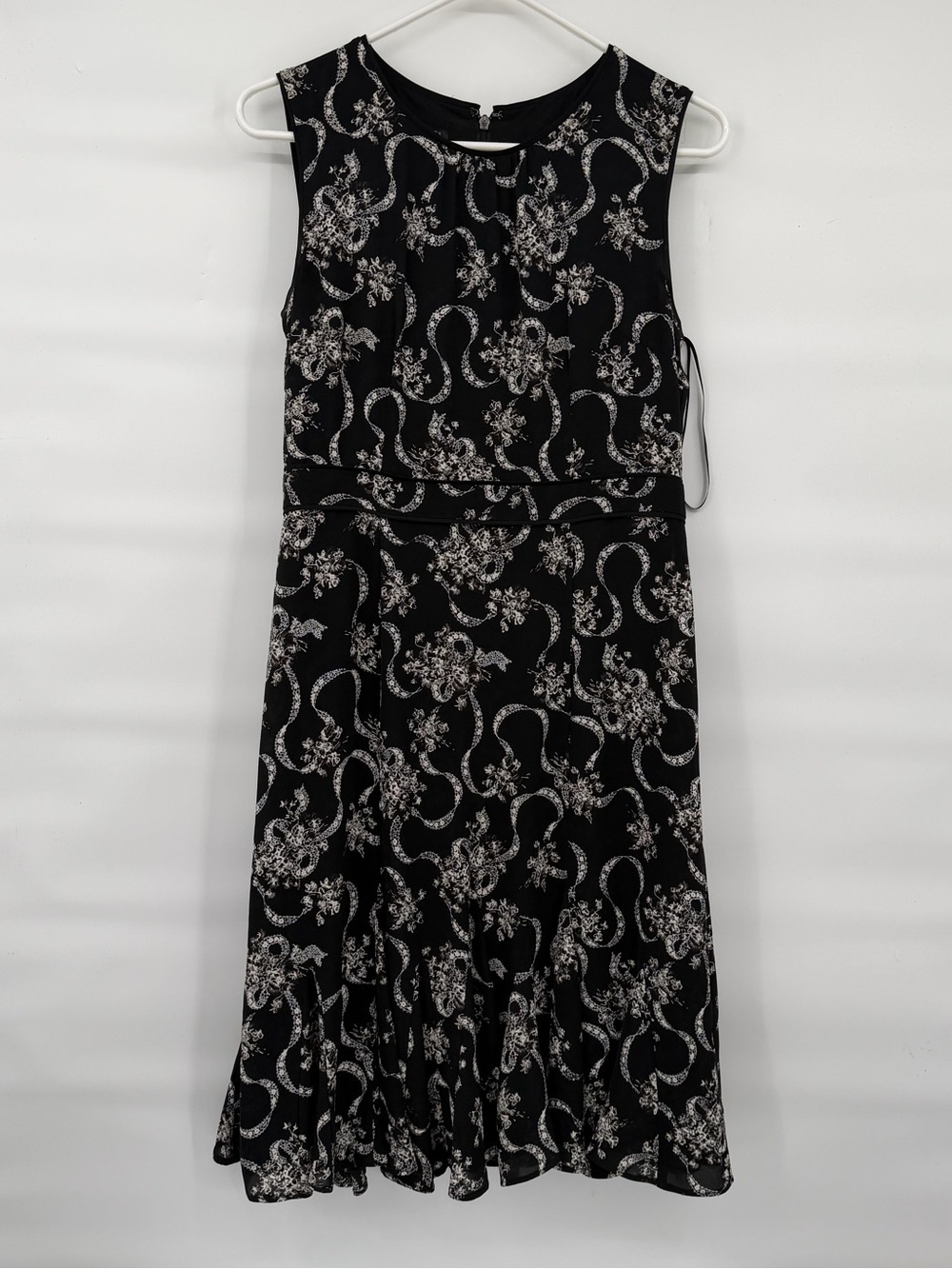 Talbots black white floral ribbon print sleeveless dress